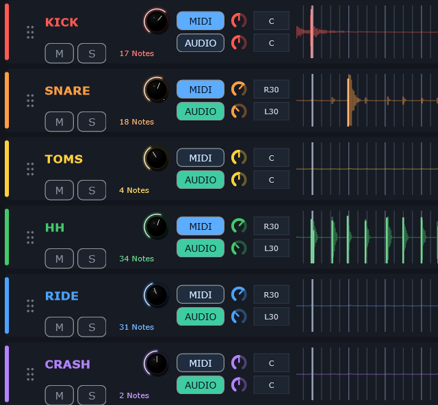 Per-lane MIDI/audio switches and pan